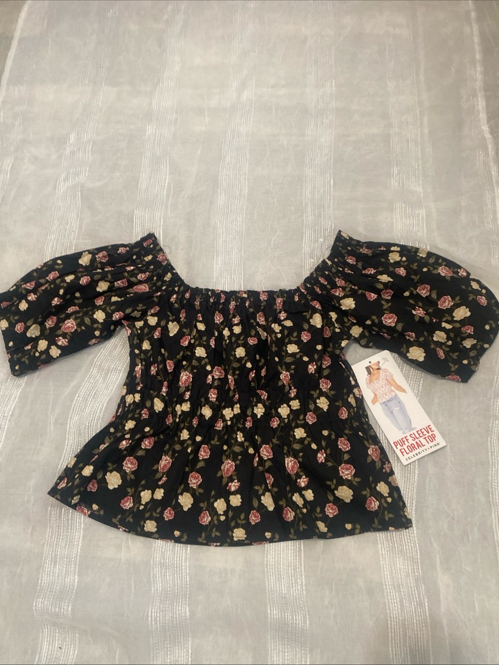 Celebrity Pink Black Floral 100% Cotton Puff Sleeve Top